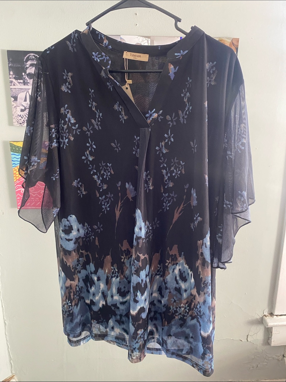 Timeless Comfort Floral Sheer-Sleeve Blouse in Black and Blue